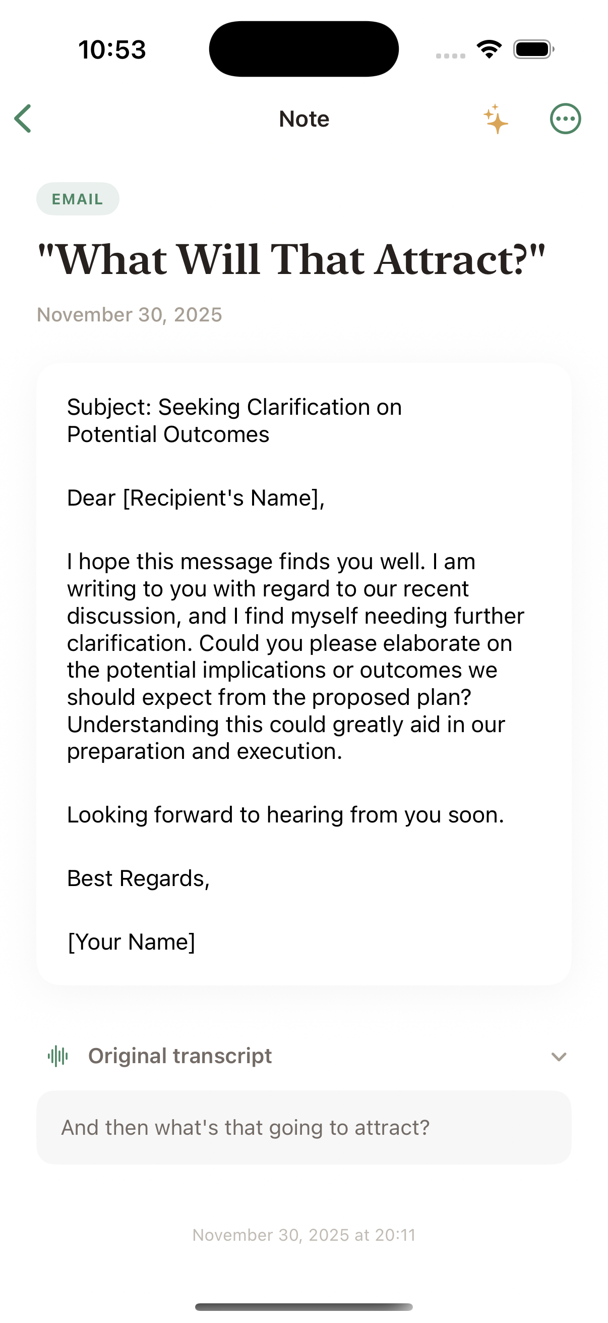 Professional email generated from voice note with original transcript shown